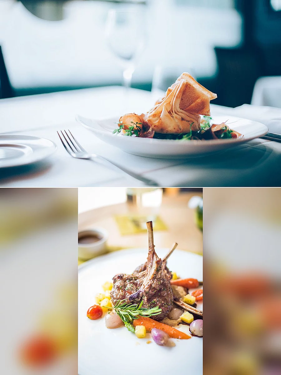 Gourmet Speisen. einmal ein Pilstascherl fein garniert und Filetripperl edel angerichtet
